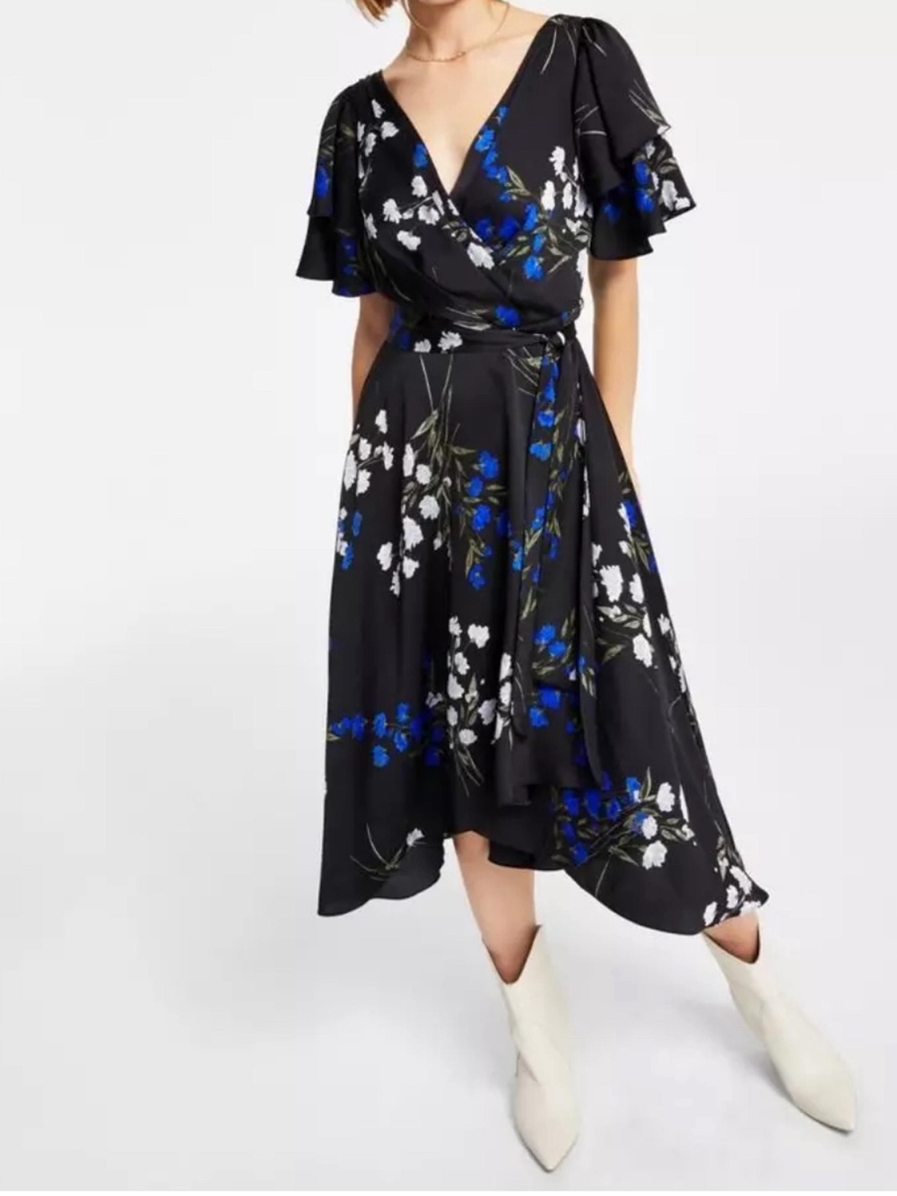 DKNY Black Floral Wrap High-Low Dress with Blue & White Blooms